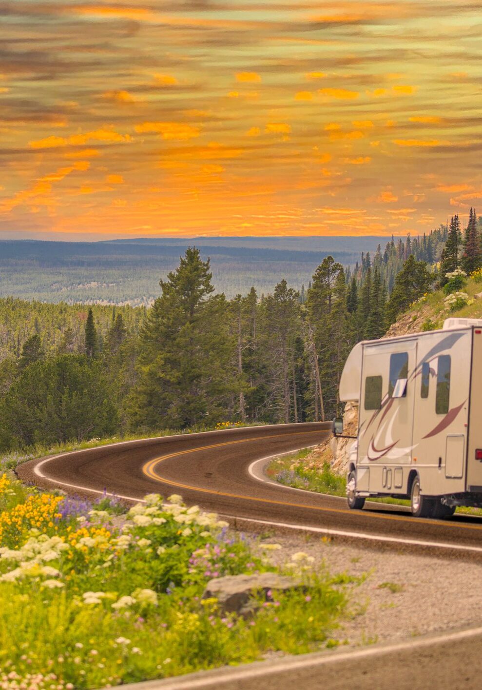 Camper Driving Down Road in The Beautiful Countryside Among Pine Trees and Flowers. Camper Driving Down Road in The Beautiful Countryside Among Pine Trees and Flowers.